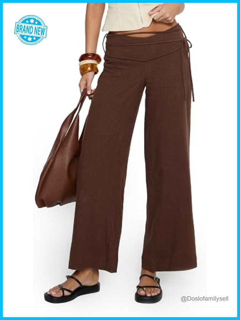 Linen Blend Tie Pants Wide Leg Relaxed Fit Palazzo